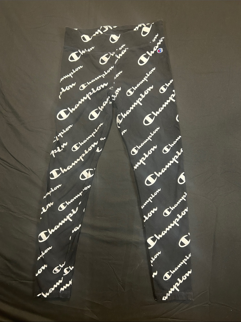 Champion Black Leggings with White All-Over Logo